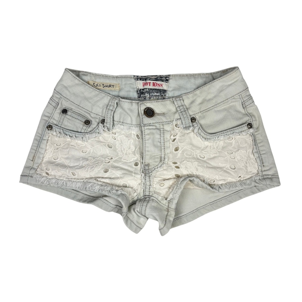 Hot Kiss Cici Short Denim Eyelet Lace Panel‎ Low Rise Shorts 0 Light Wash